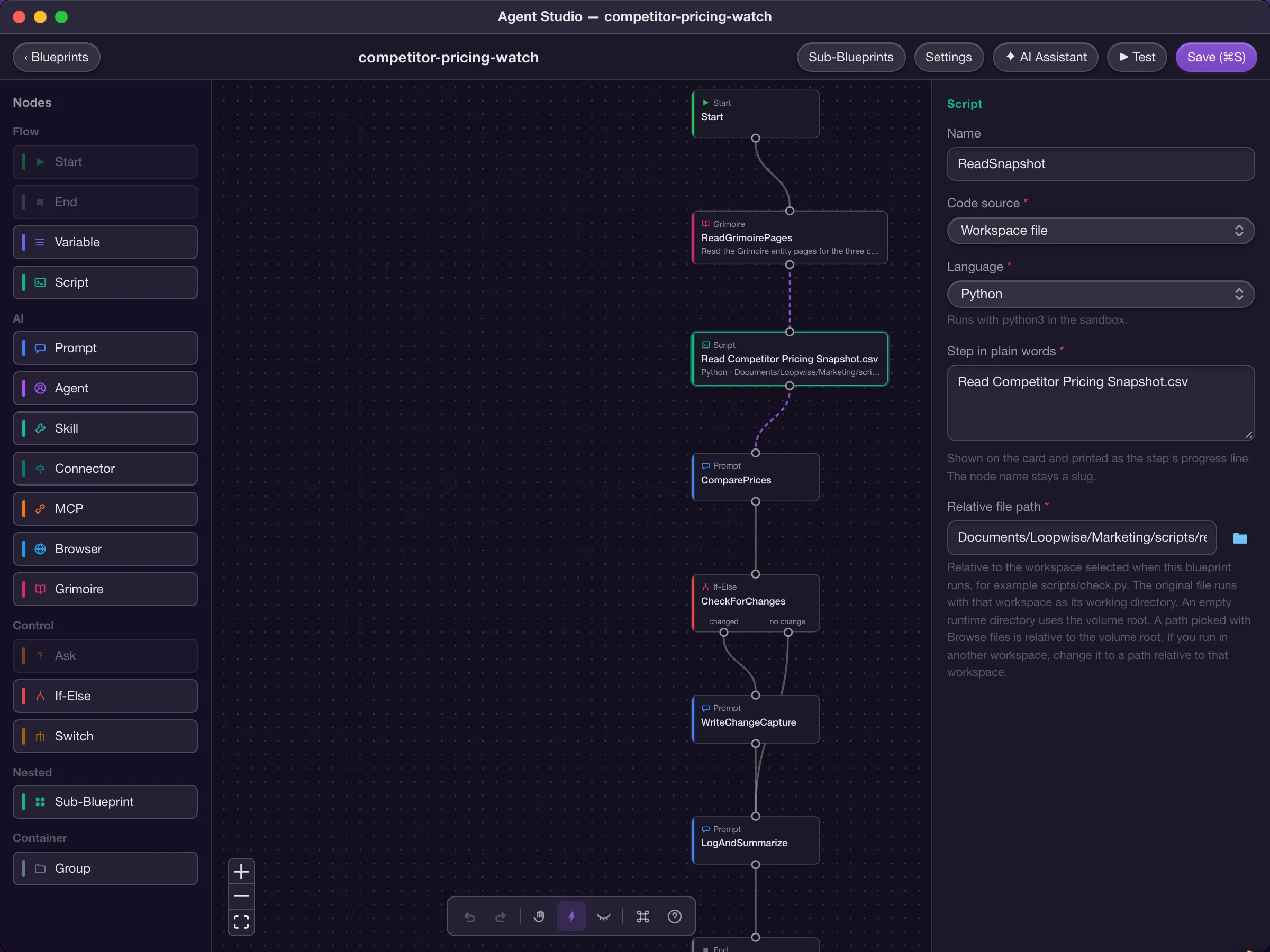 An Agent Studio blueprint on the canvas, a chain of steps from reading a pricing snapshot to logging the summary, then the canvas toolbar opening its keyboard shortcuts.
