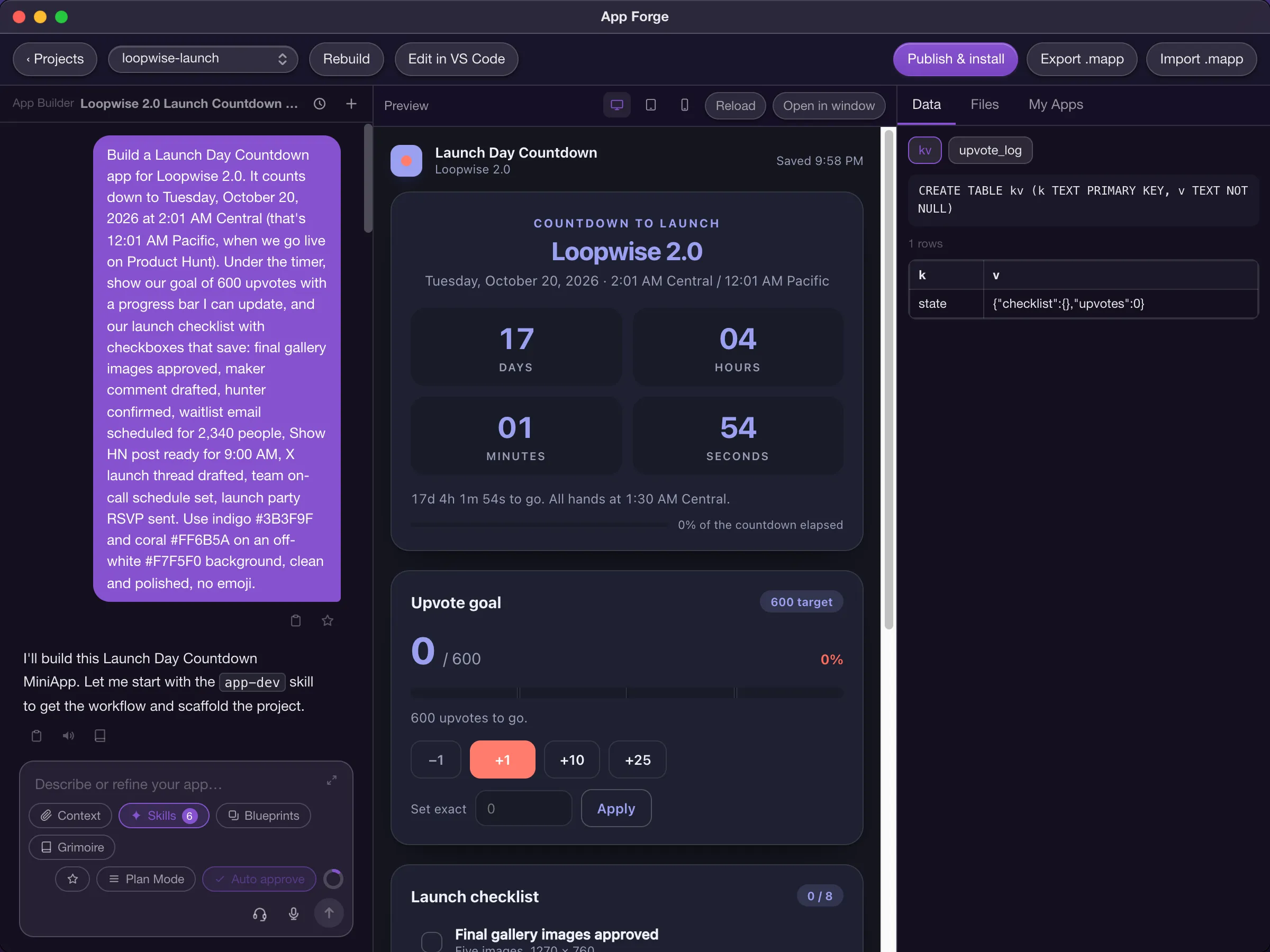App Forge refining a standup timer app: a request to make the Start button bigger and show who is up next, then the builder's summary while the live preview reloads with the change.