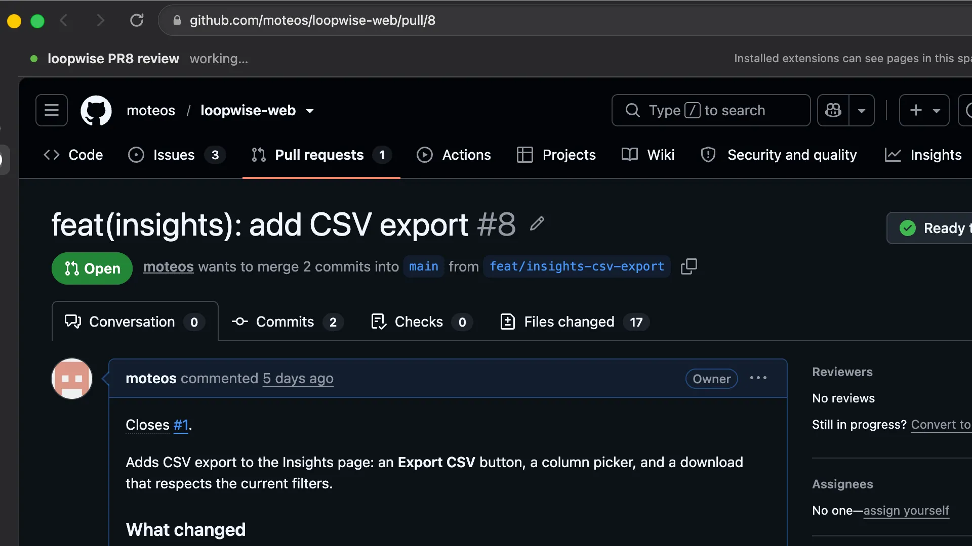 Mote Browser open on GitHub pull request #8, "feat(insights): add CSV export", under the agent task bar reading "loopwise PR8 review, working" with Take over and Stop task.