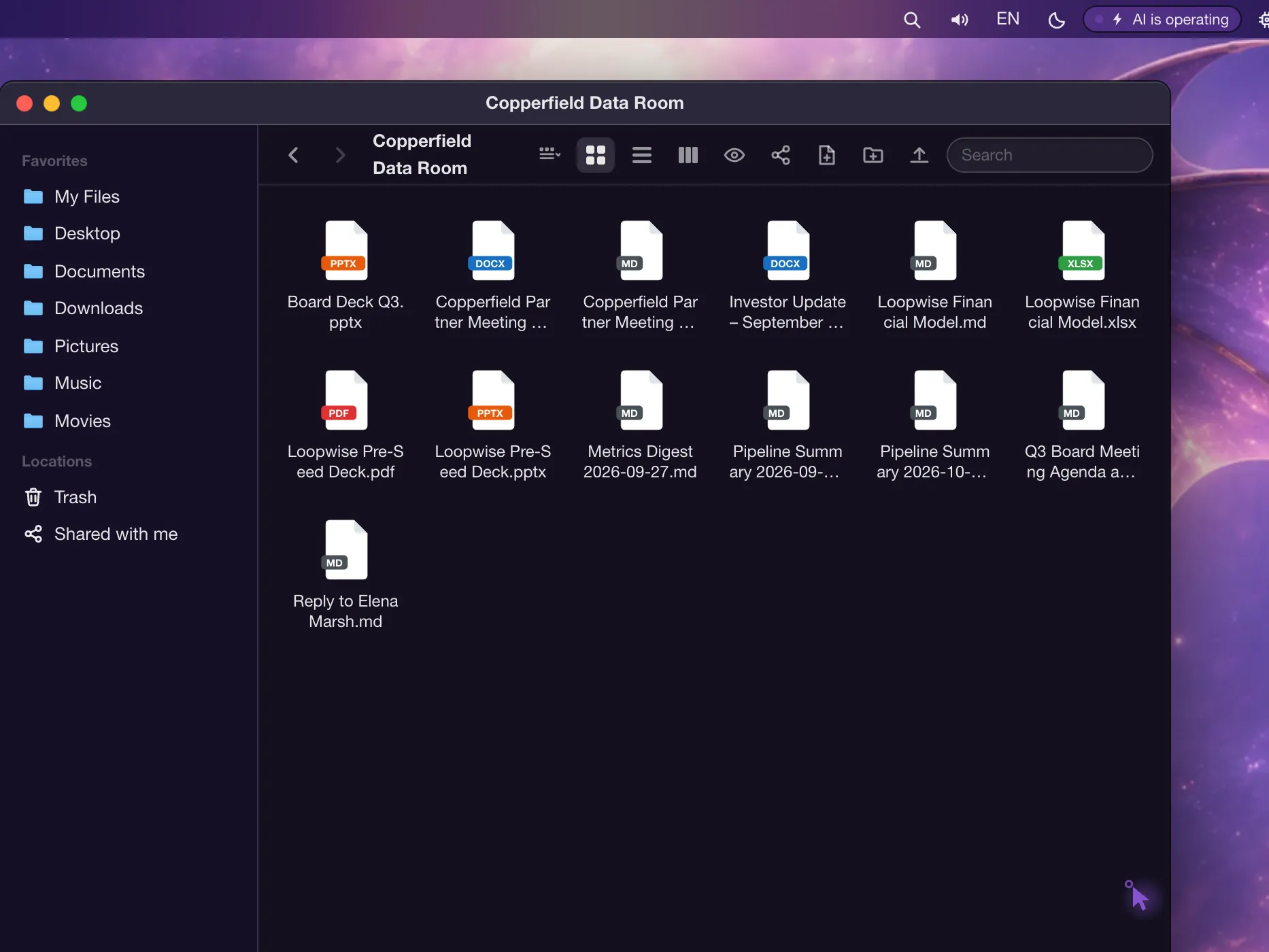 An agent working in the MoteOS Files app on a data room folder, its purple ghost cursor at the lower right and the menu bar pill reading "AI is operating".