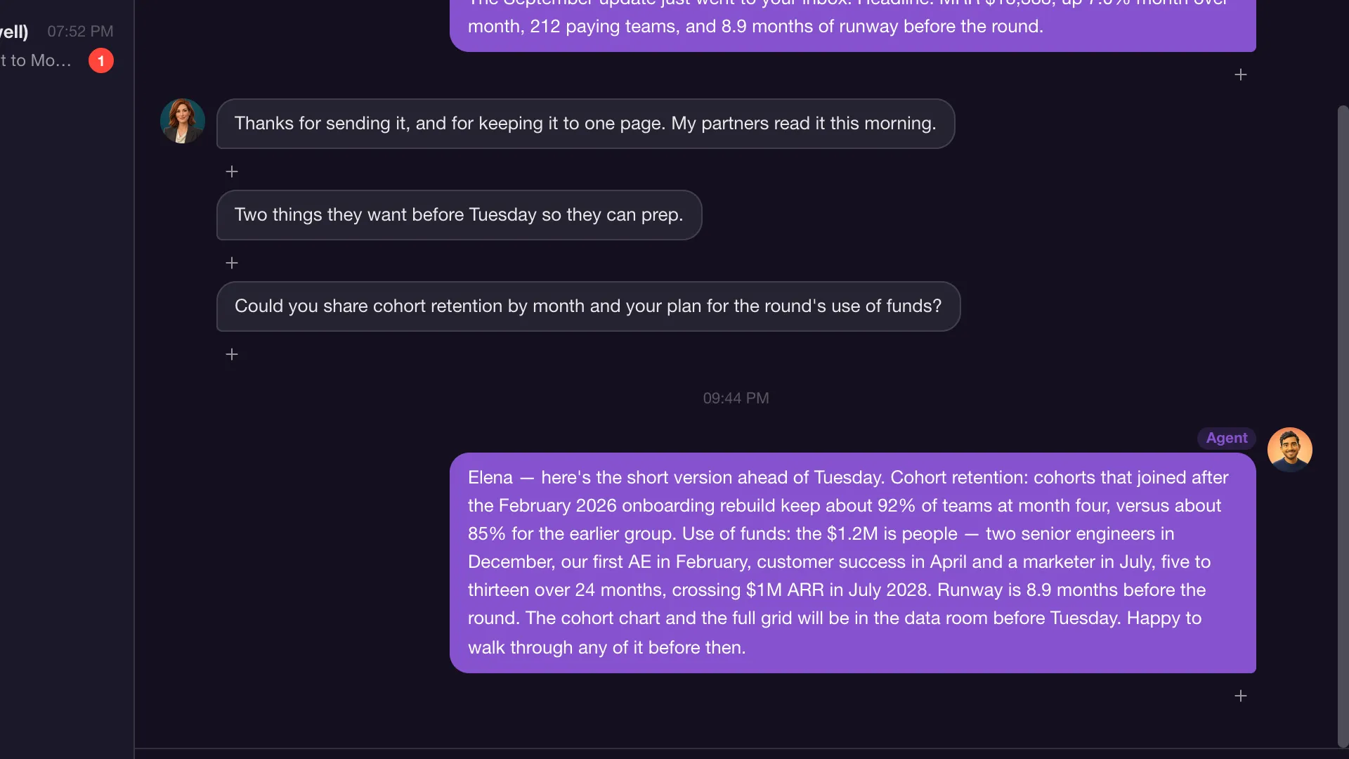 Hey: an investor asks for cohort retention and the plan for the round, and the reply below carries the Agent badge.
