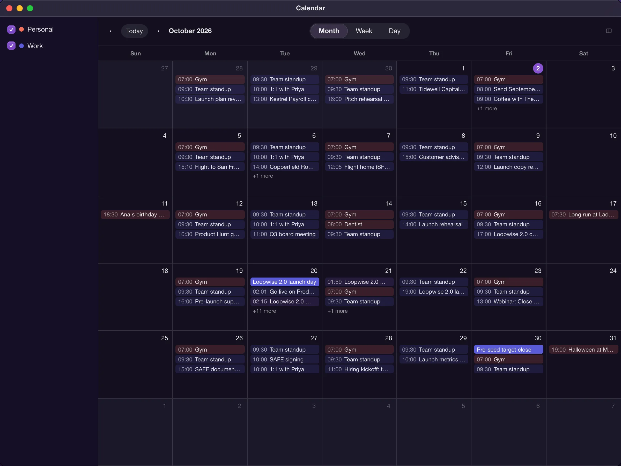 Calendar in month view for October 2026, filled with standups, a Q3 board meeting and the Loopwise 2.0 launch day, with the Assistant panel open beside it.