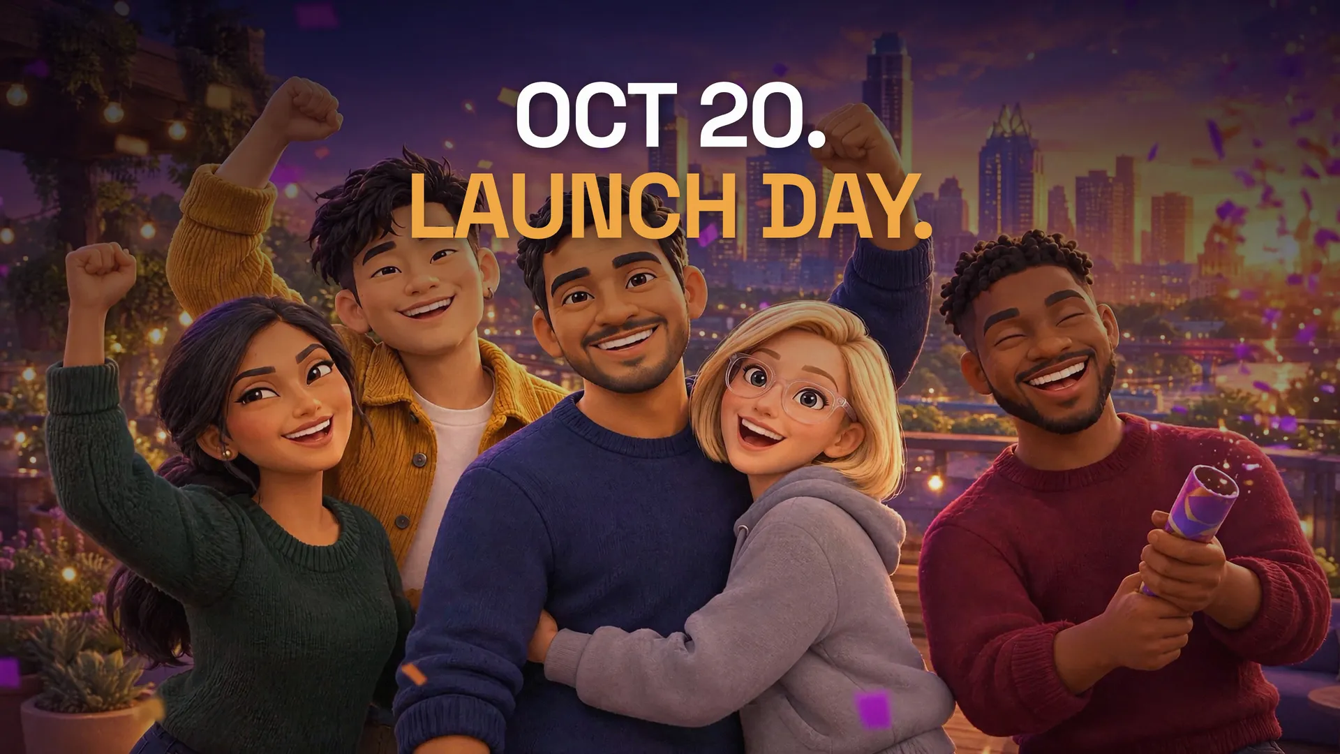 Video poster: Jordan and the Loopwise team celebrate on a rooftop at dusk under the title "Oct 20. Launch day."