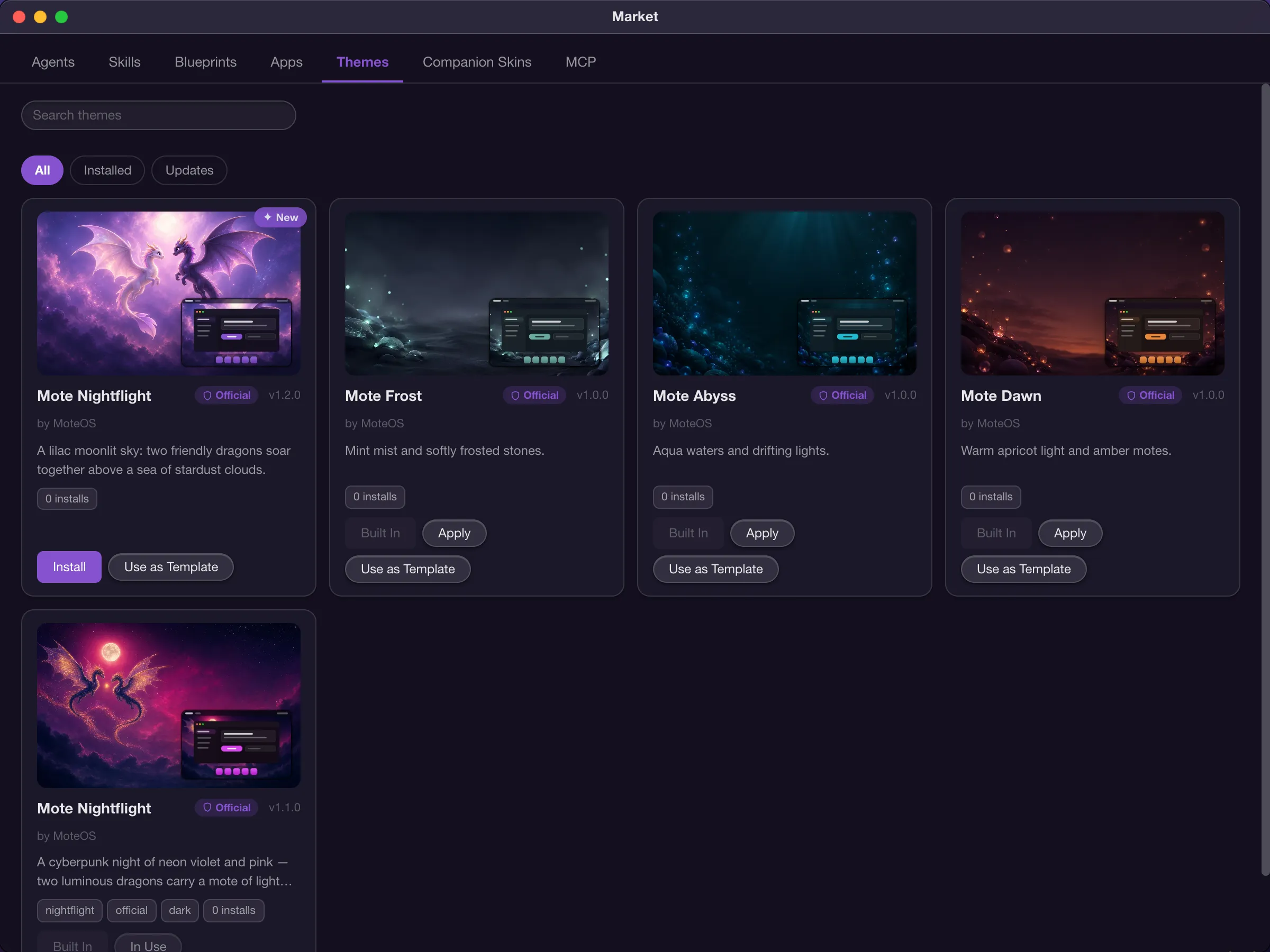 The Skills tab of Market, a grid of official skills, narrowed to the #design tag.