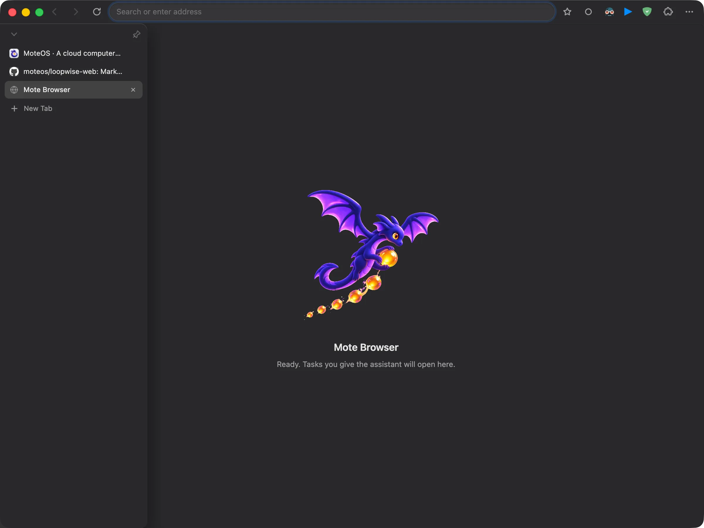 A new tab in Mote Browser: the vertical tab sidebar with MoteOS, a GitHub repository and the new tab, beside the Mote Browser dragon and the line "Ready. Tasks you give the assistant will open here."