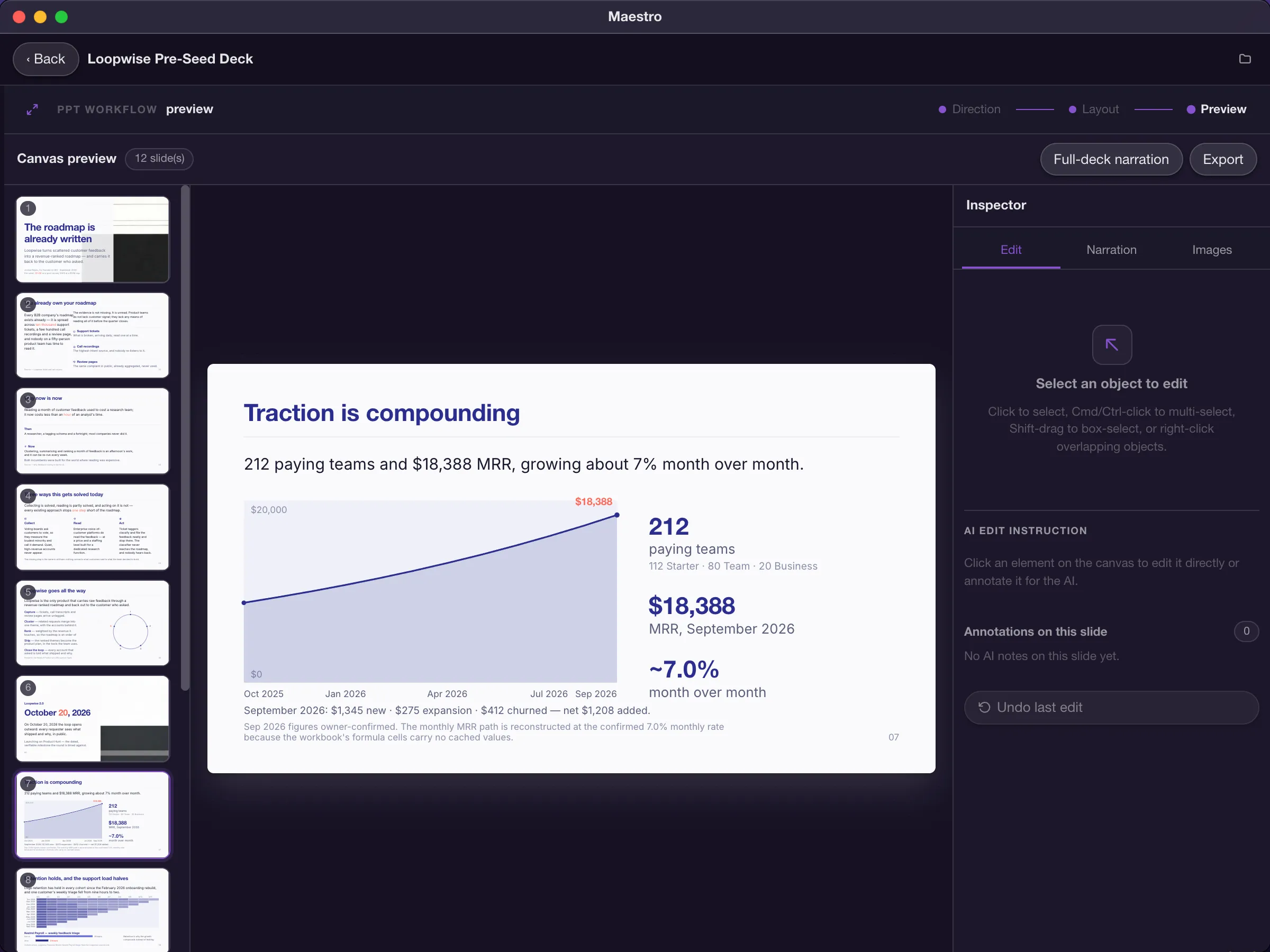 Maestro opening the Loopwise pre-seed deck: the canvas preview fills with its 12 slides, then the slide rail steps through them to the traction slide and its MRR chart.