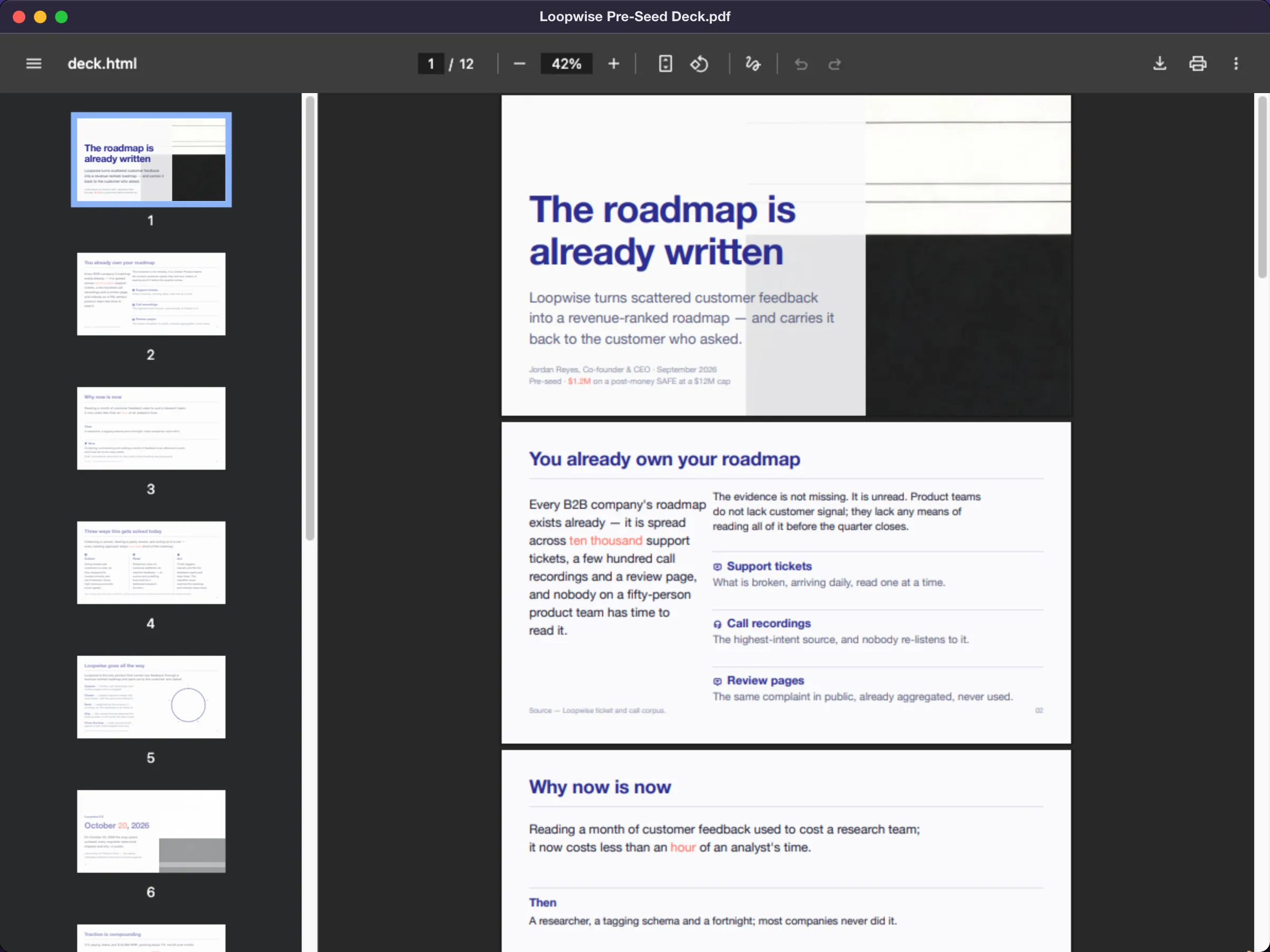 Preview showing a pre-seed pitch deck PDF with page thumbnails.