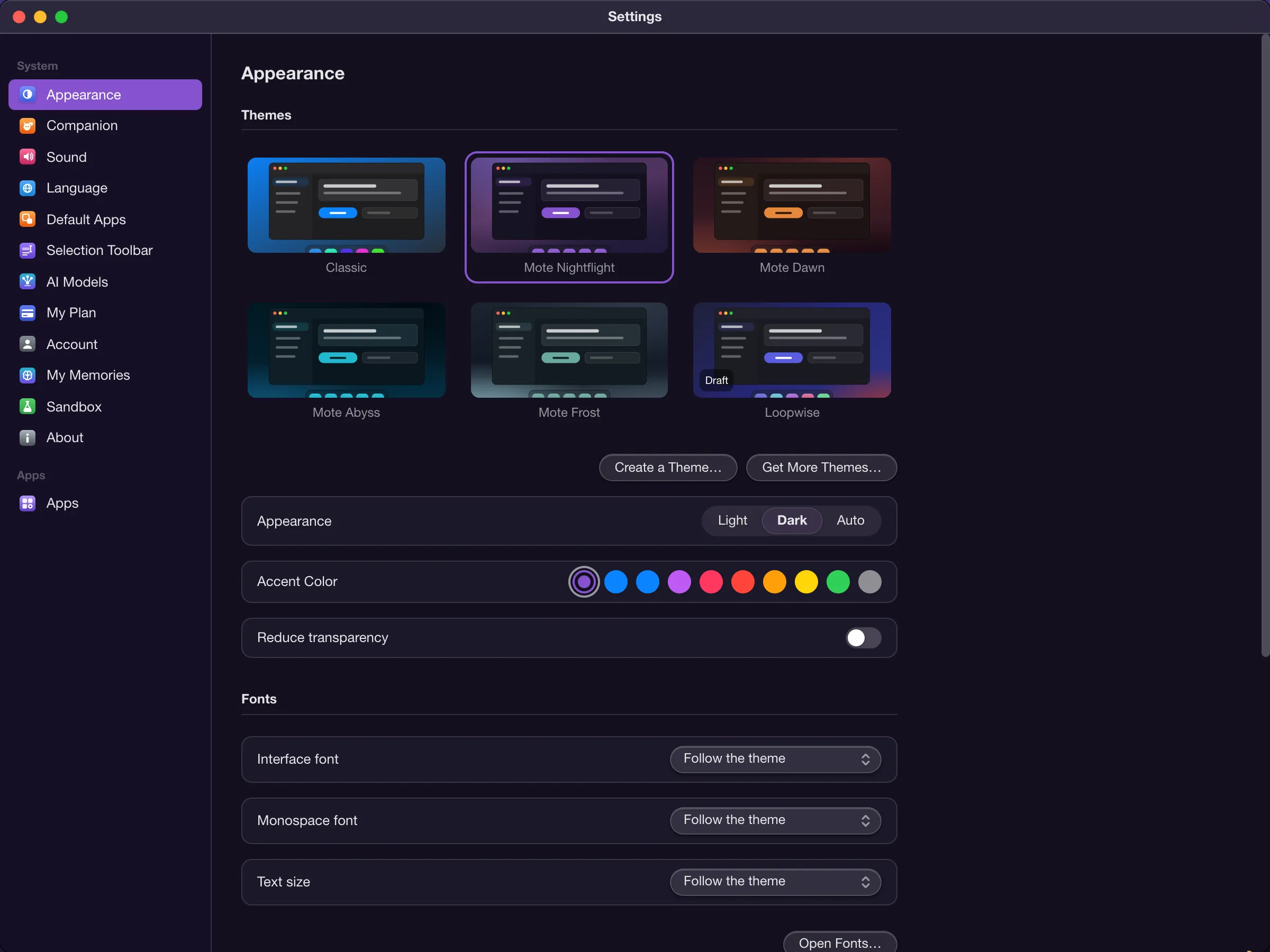 System Settings on Appearance: theme tiles, accent colors and fonts.