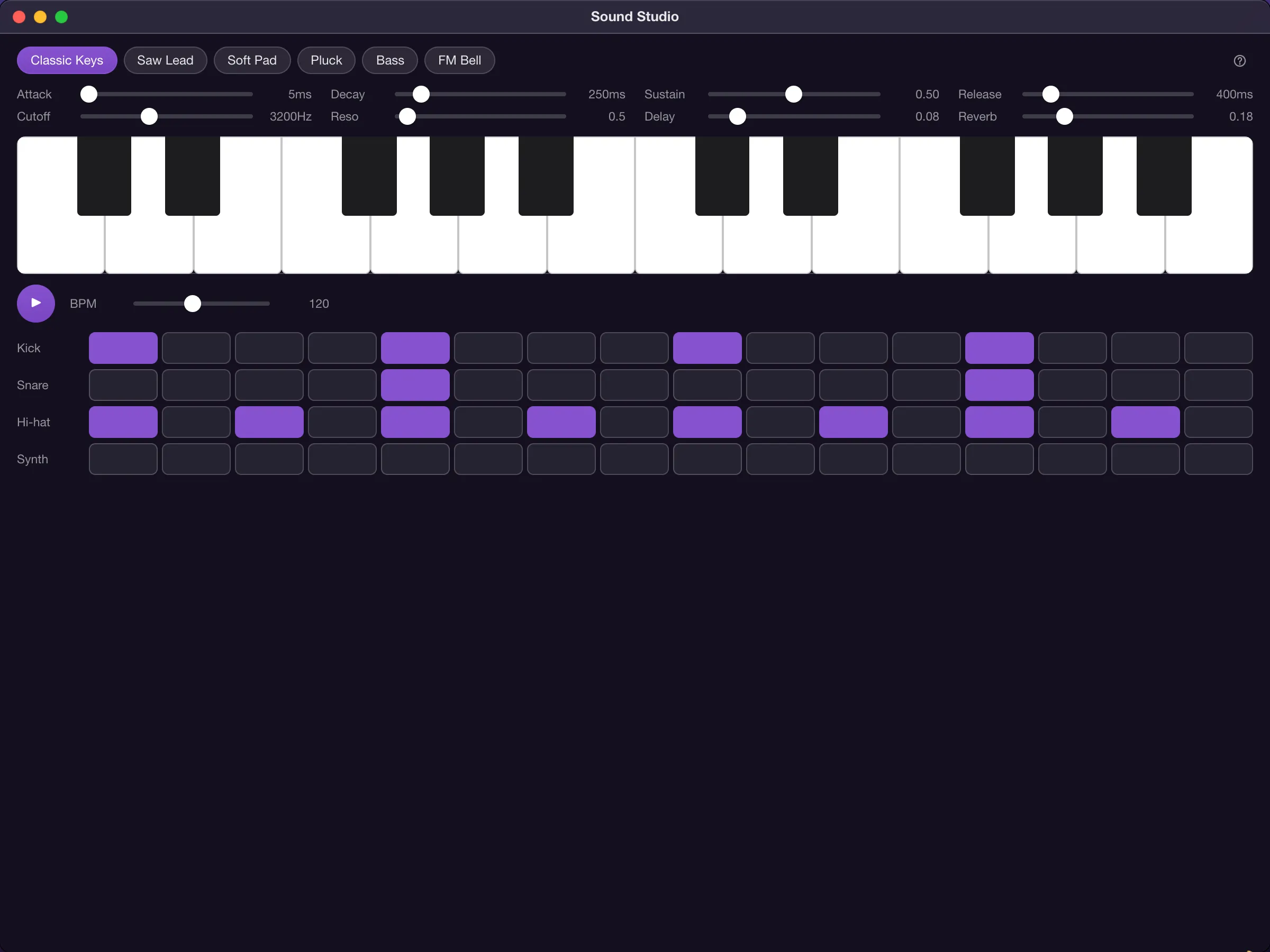Sound Studio playing its step sequencer: the highlighted column walks through the Kick, Snare, Hi-hat and Synth lanes while steps are switched on and off.