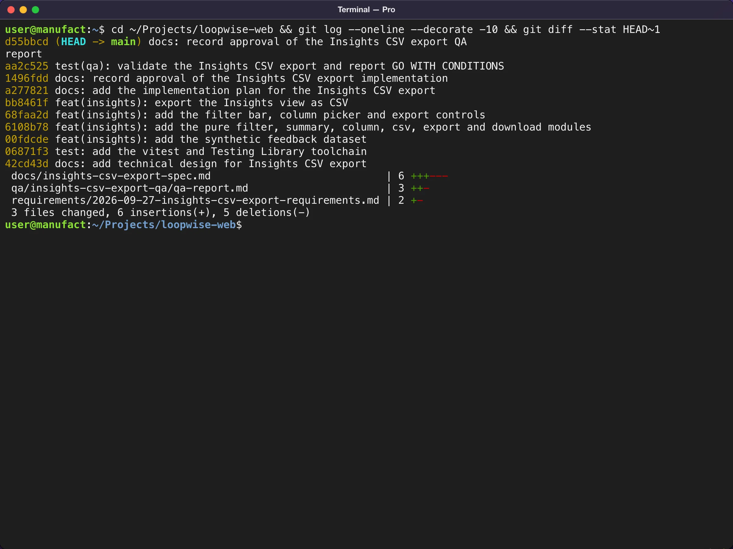 The Terminal showing git log and git diff --stat for a web project.