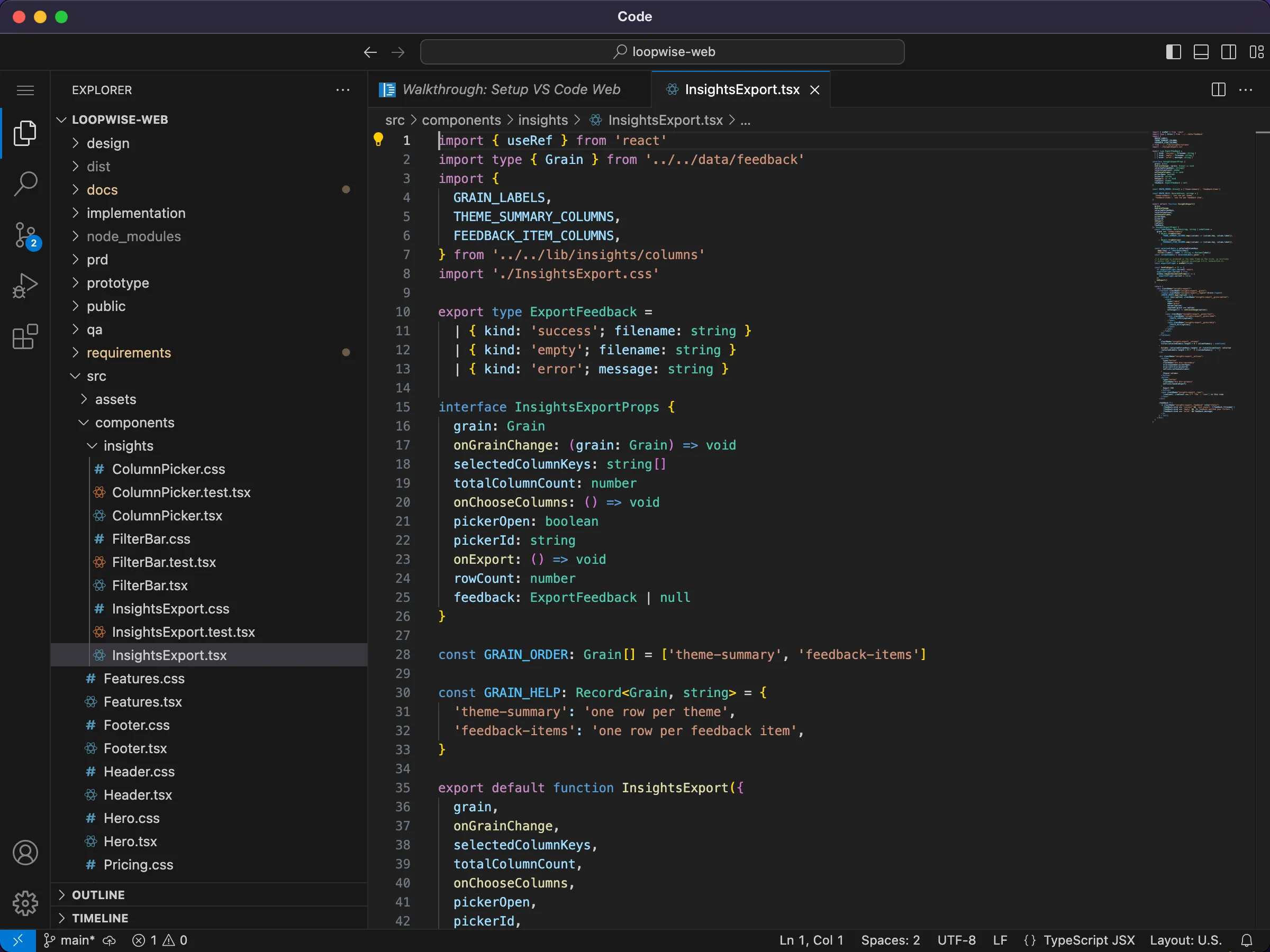 Code, the VS Code editor, open on a React component beside the project file tree.